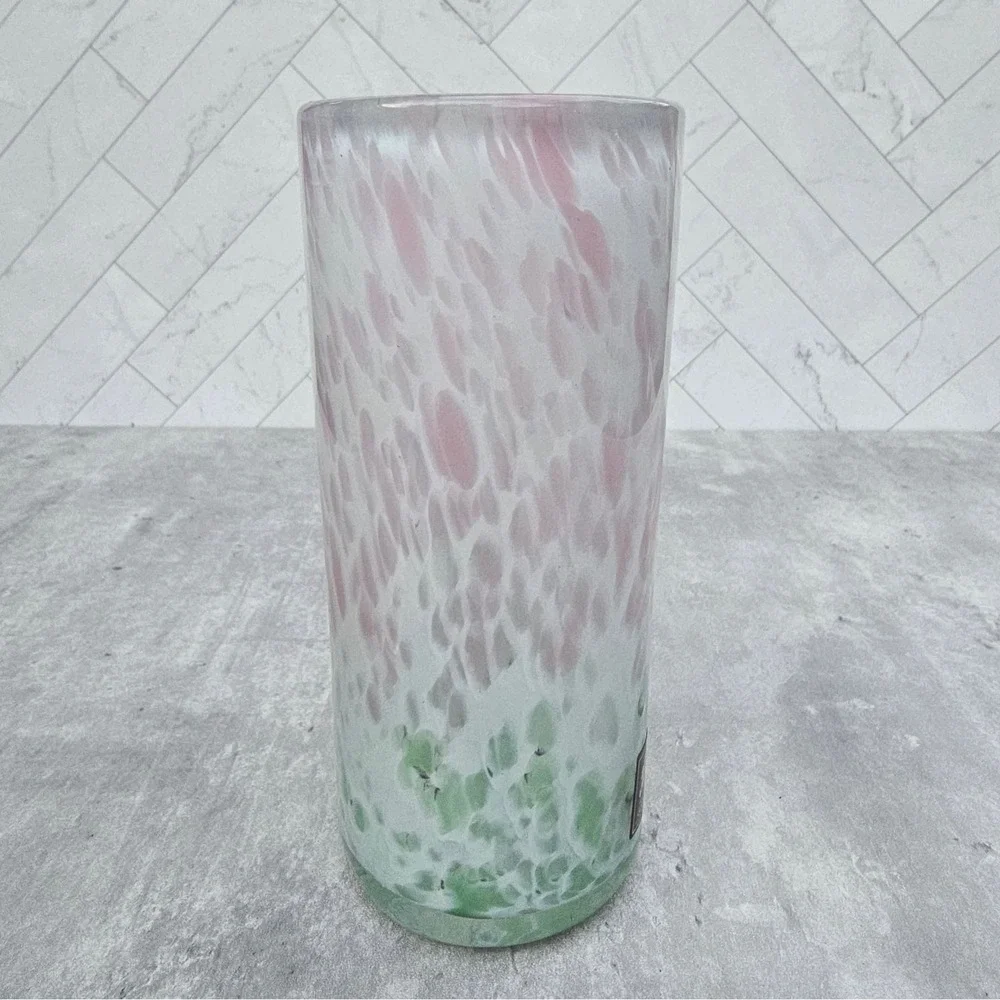 Kerry Glass Handmade Irish Art Glass Cylinder Vase Pink Green Mottled Confetti
